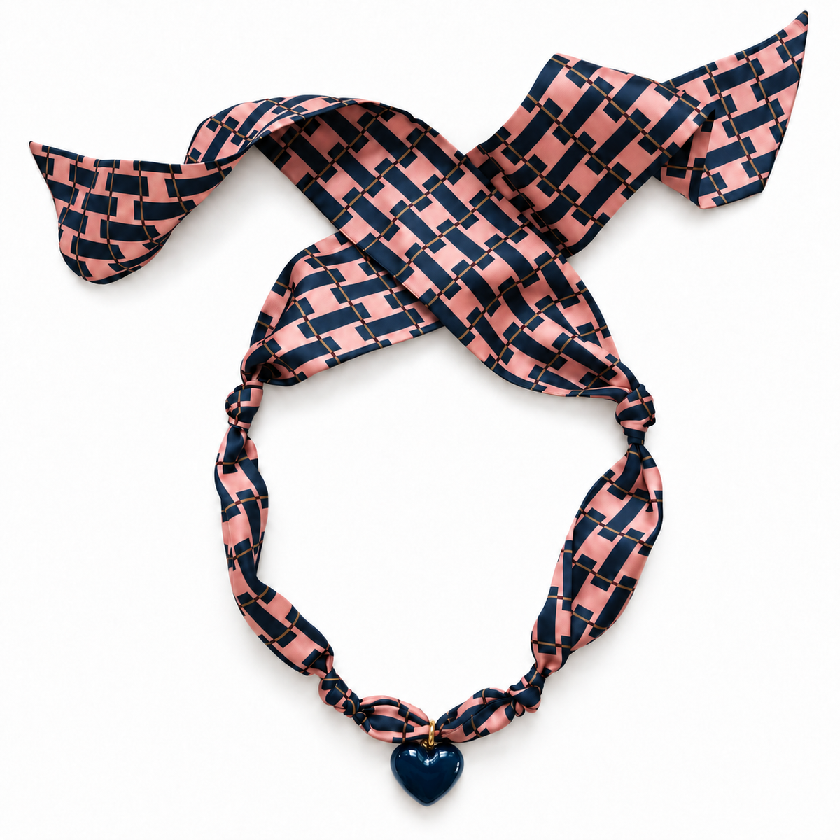 The Peterman silk scarf necklace with gold heart pendant 