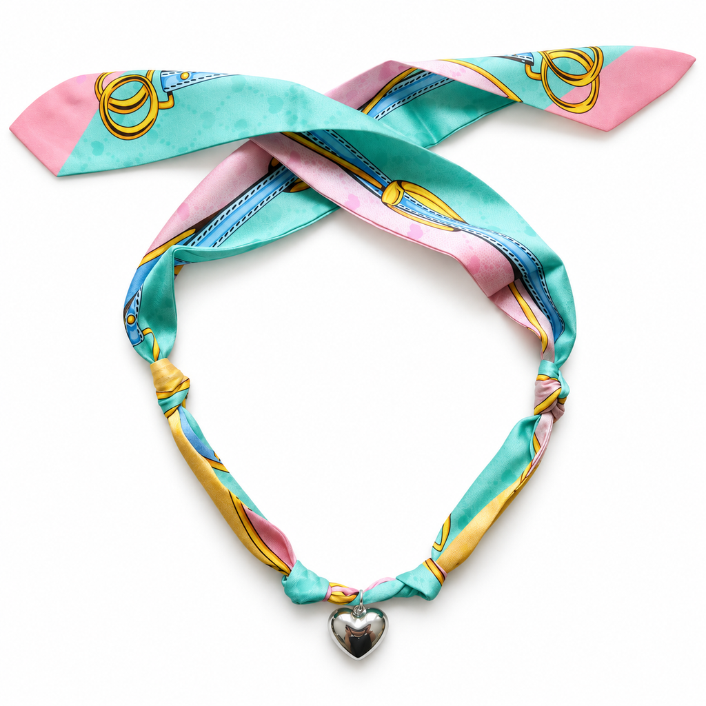 The Alex scarf necklace in green with silver heart pendant