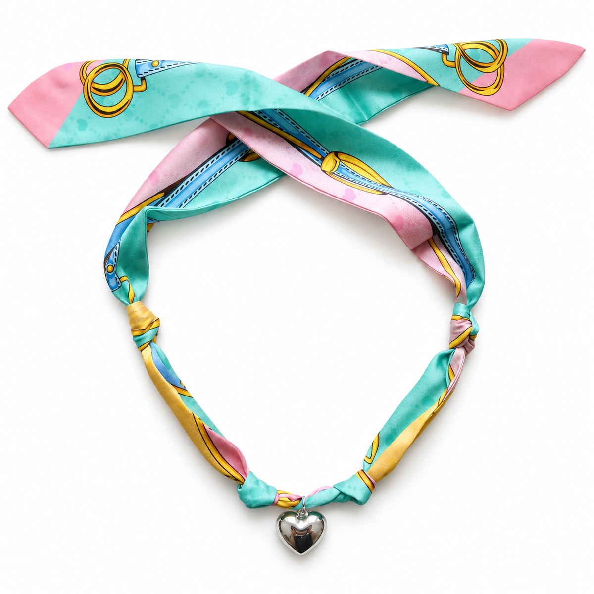 The Alex scarf necklace in green with silver heart pendant