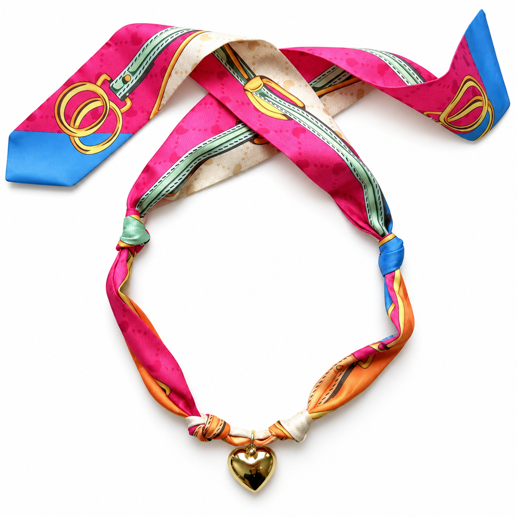 The Alex scarf necklace in pink with gold heart pendant
