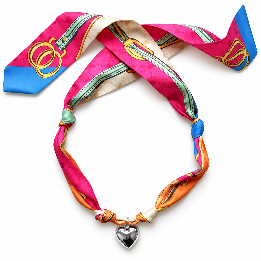 The Alex scarf necklace in green with silver heart pendant
