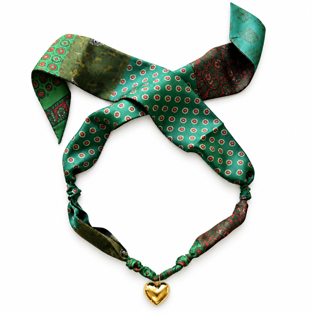The Alinda silk scarf necklace with gold heart pendant 