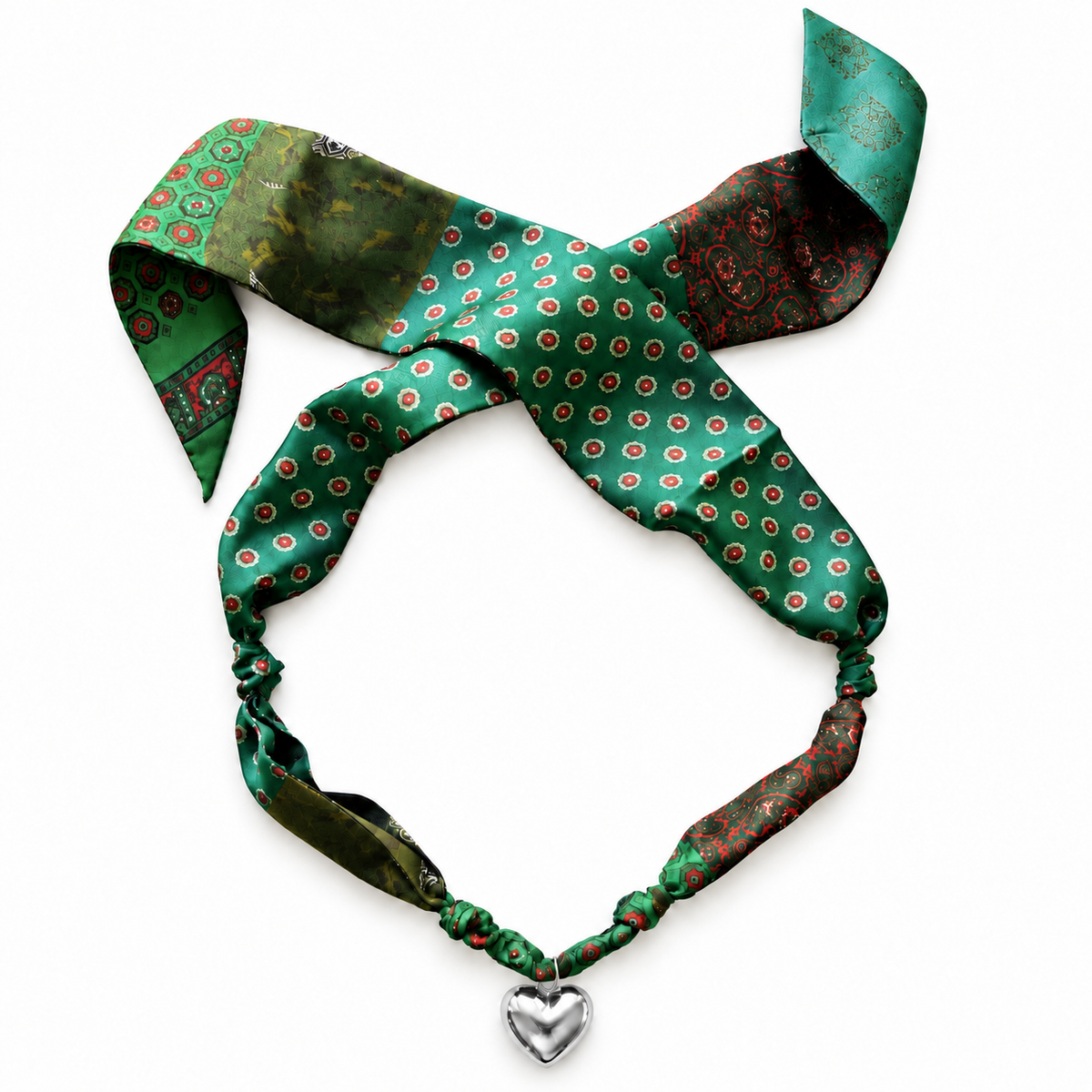 The Alinda silk scarf necklace with silver heart pendant 