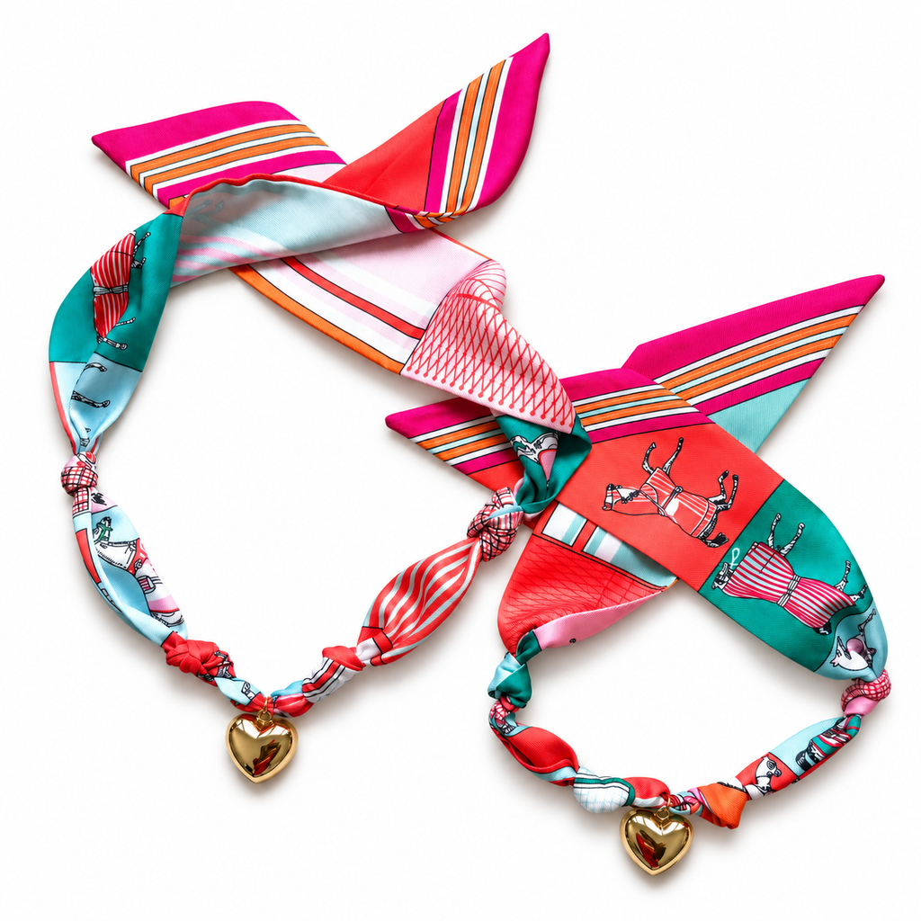 The Amanda scarf necklace in original and small sizes, side by side, with gold heart pendant