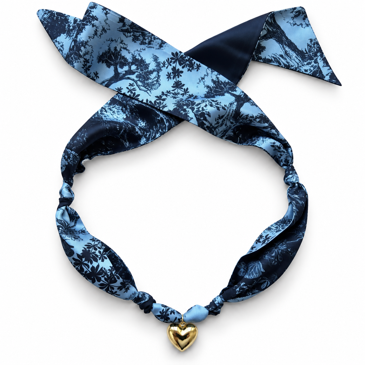 The Andrea silk scarf necklace with gold heart pendant