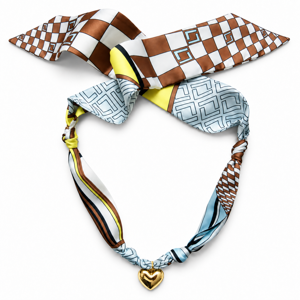 The Anonymous silk scarf necklace with gold heart pendant 