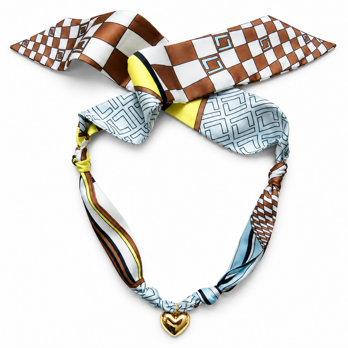 The Anonymous silk scarf necklace with gold heart pendant 