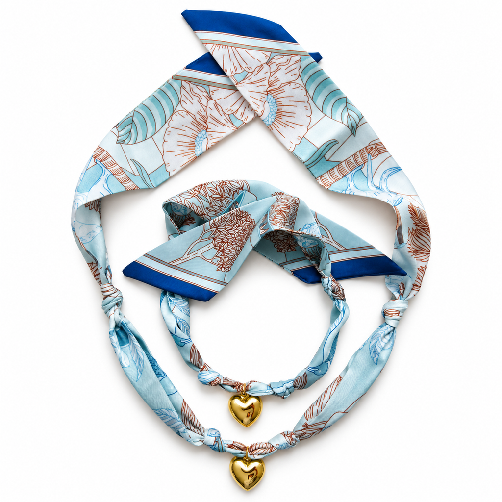 The Audrey scarf necklace in original and small sizes with heart pendants