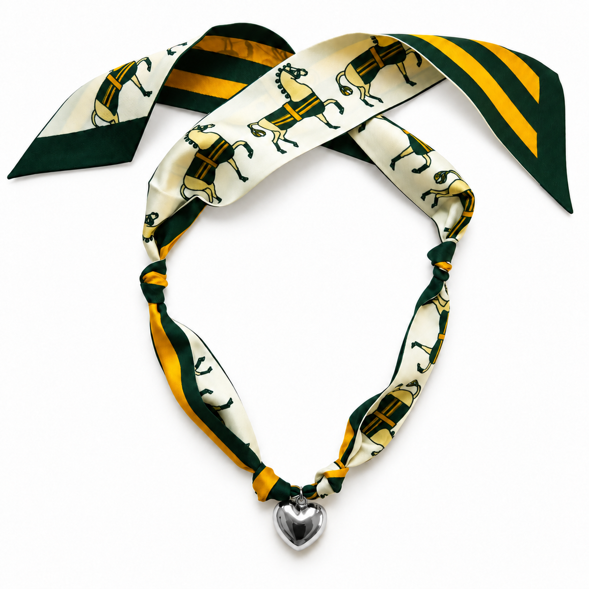 The Downs silk scarf necklace in green and gold with silver heart pendant