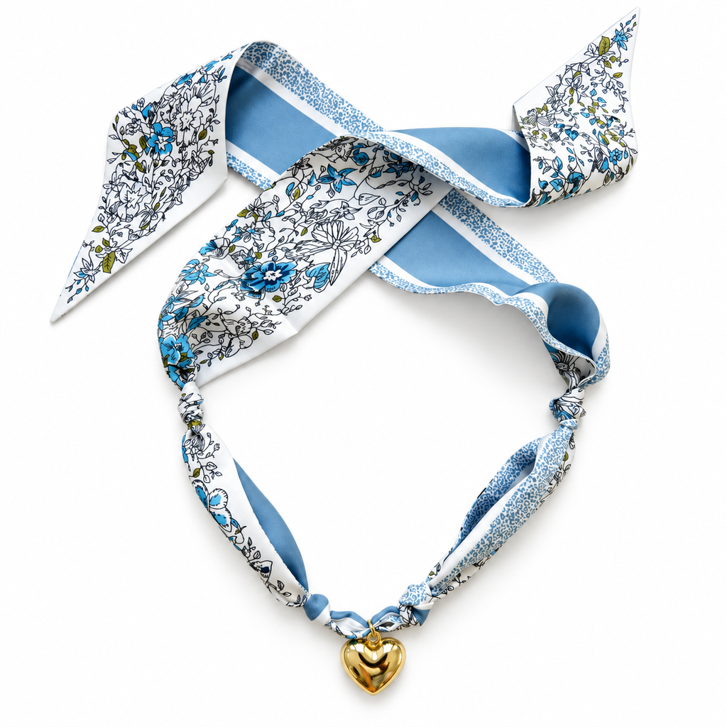 The Becca silk scarf necklace with gold heart pendant