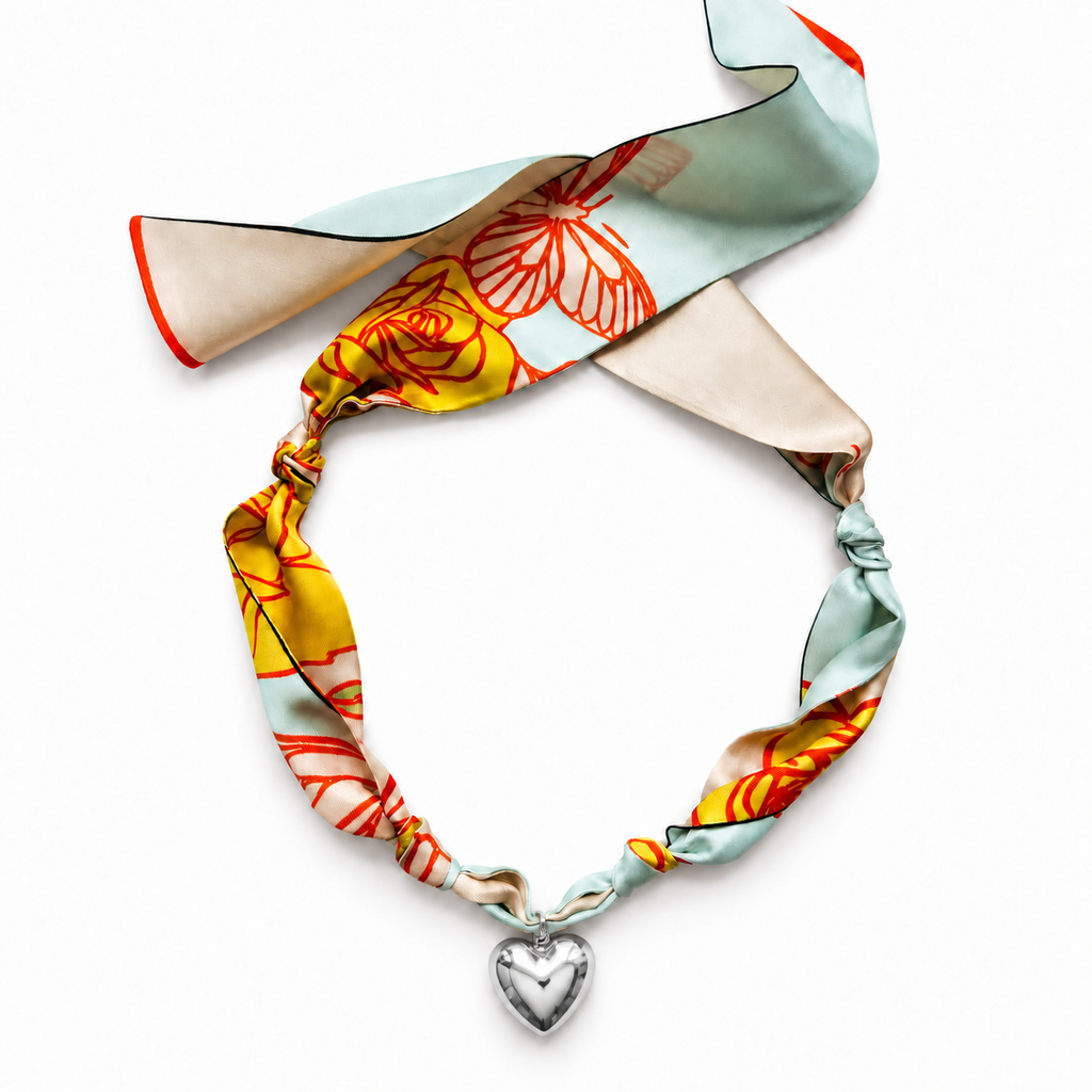 The Berkeley silk scarf necklace with silver heart pendant 