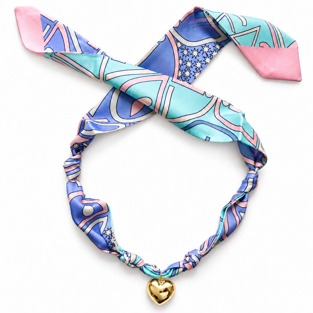 The Blakely silk scarf necklace with gold heart pendant 