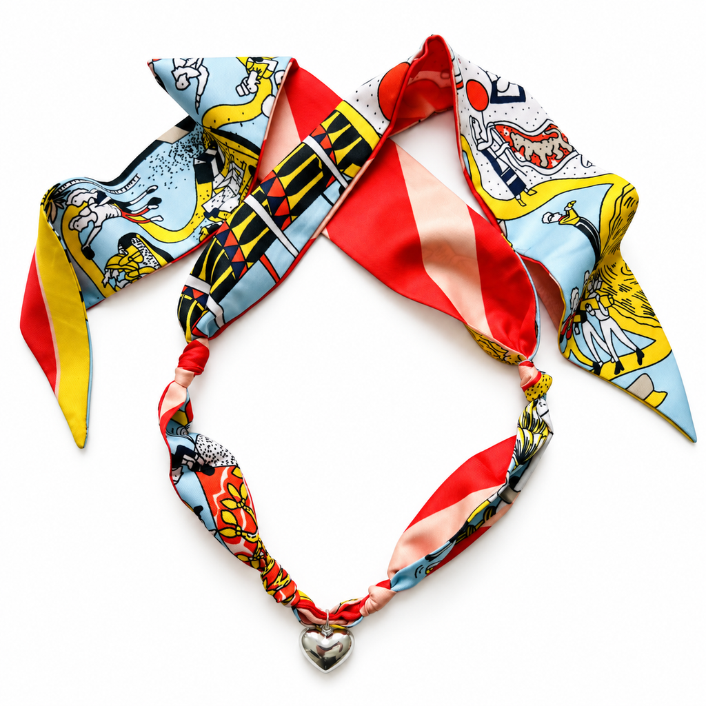 The Caroline silk scarf necklace with silver heart pendant 