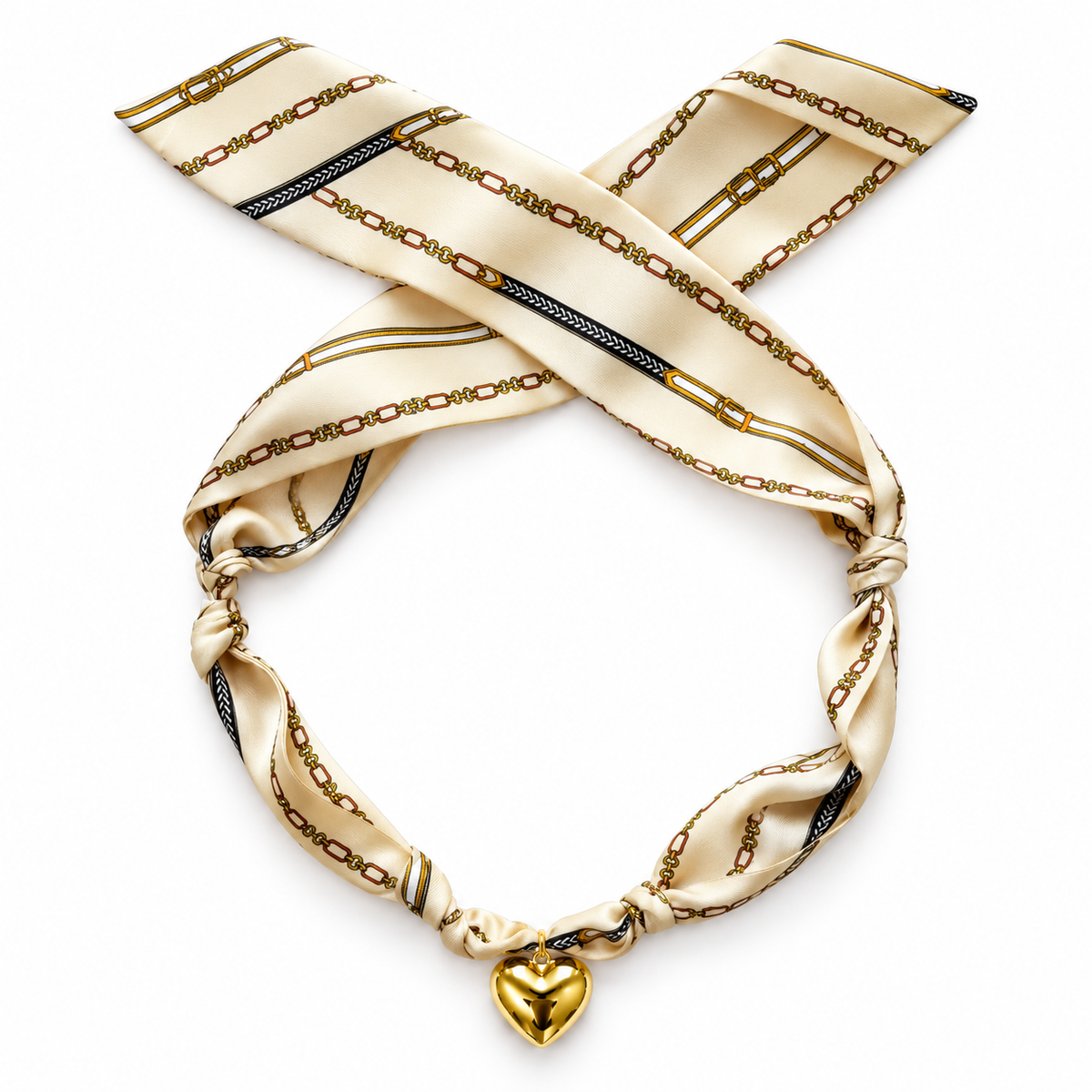 The Chantelle silk scarf necklace with gold heart pendant 