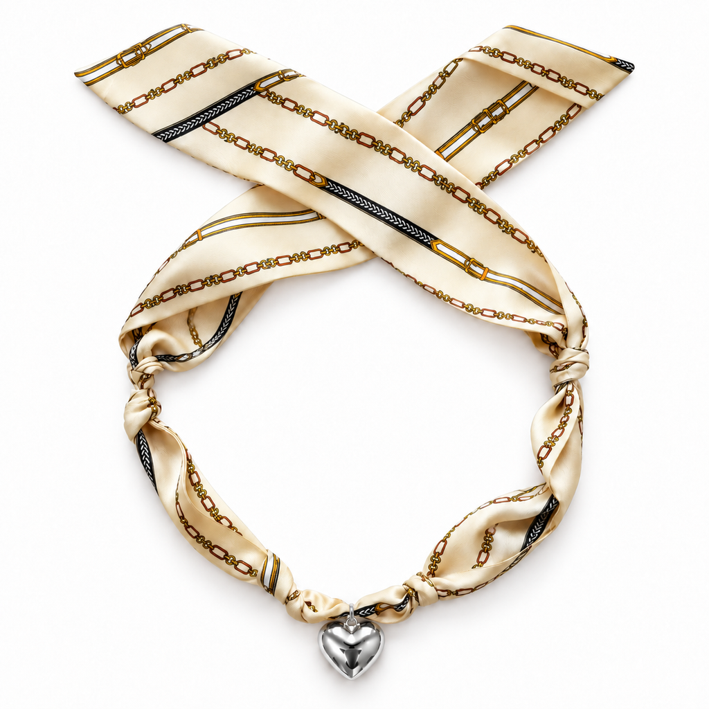 The Chantelle silk scarf necklace with silver heart pendant 