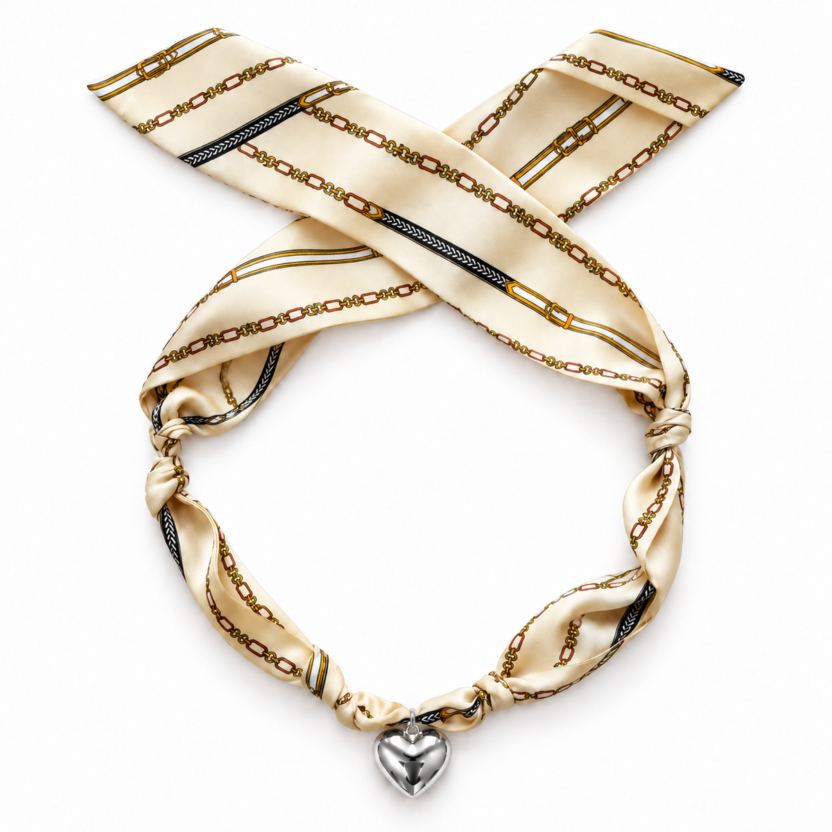 The Chantelle silk scarf necklace with silver heart pendant 