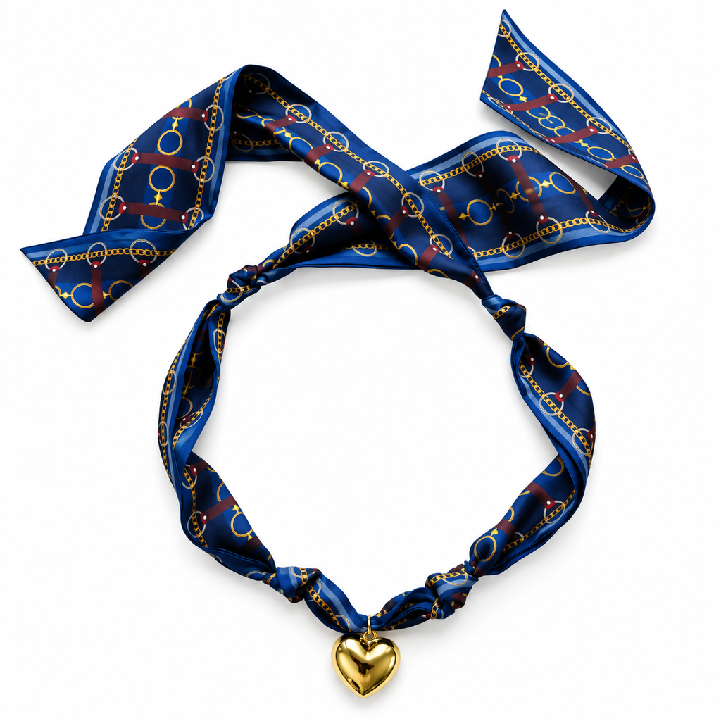 The Coley silk scarf necklace with gold heart pendant 