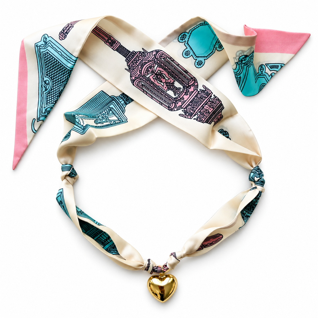 The Grace silk scarf necklace with gold heart pendant 