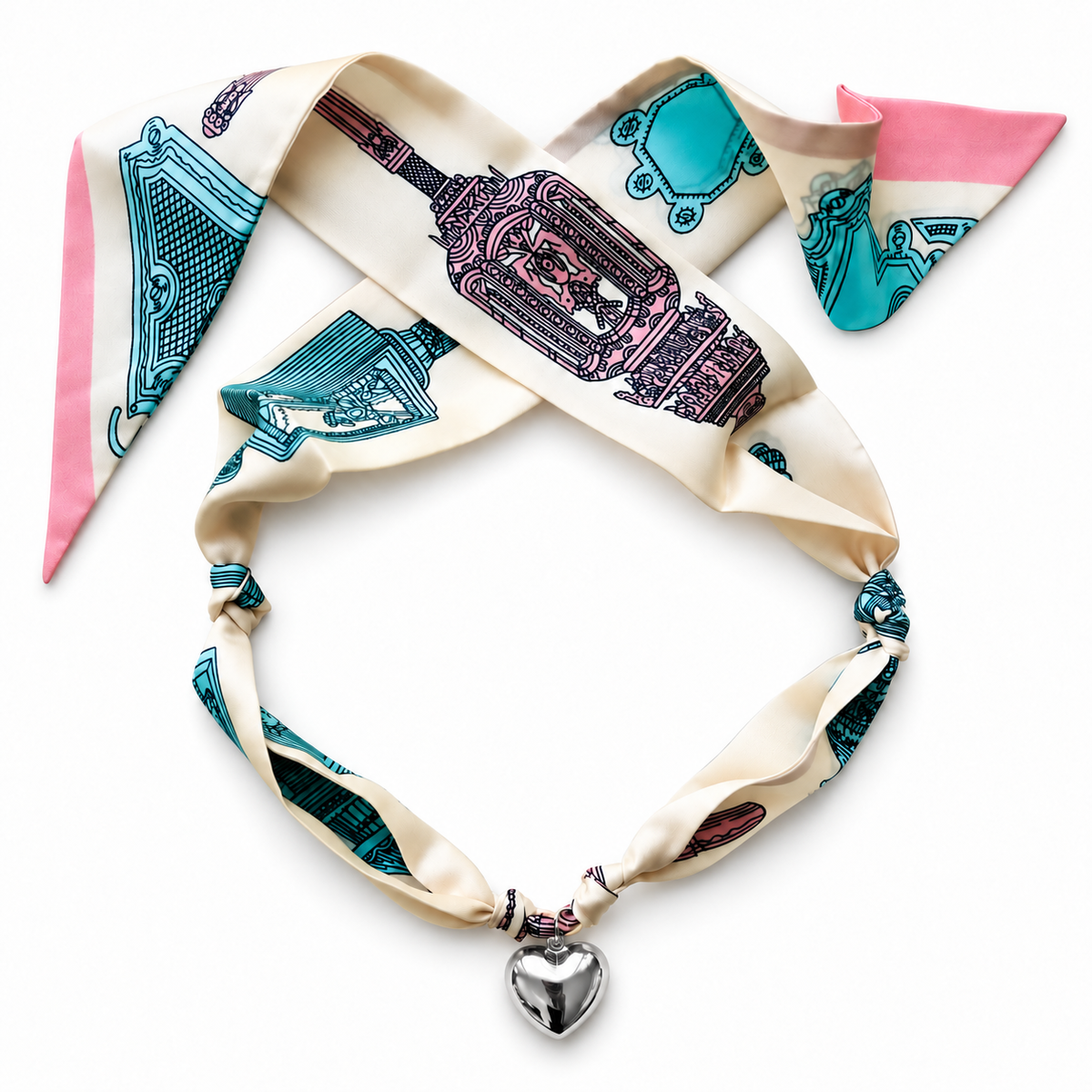 The Grace silk scarf necklace with silver heart pendant 
