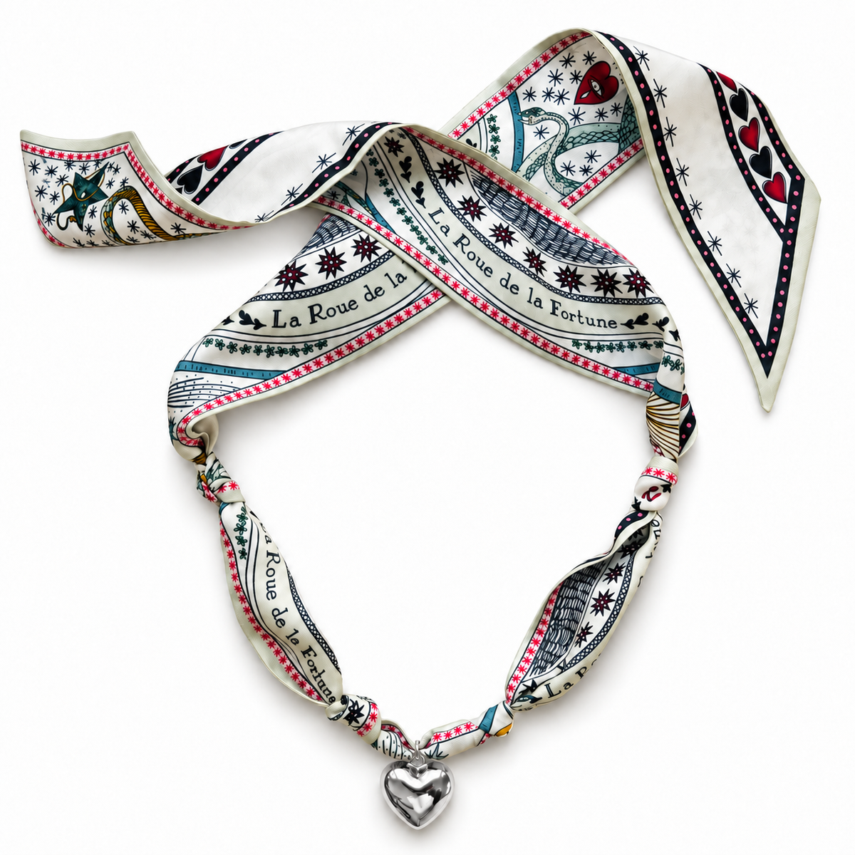 The Andrea silk scarf necklace with silver heart pendant 