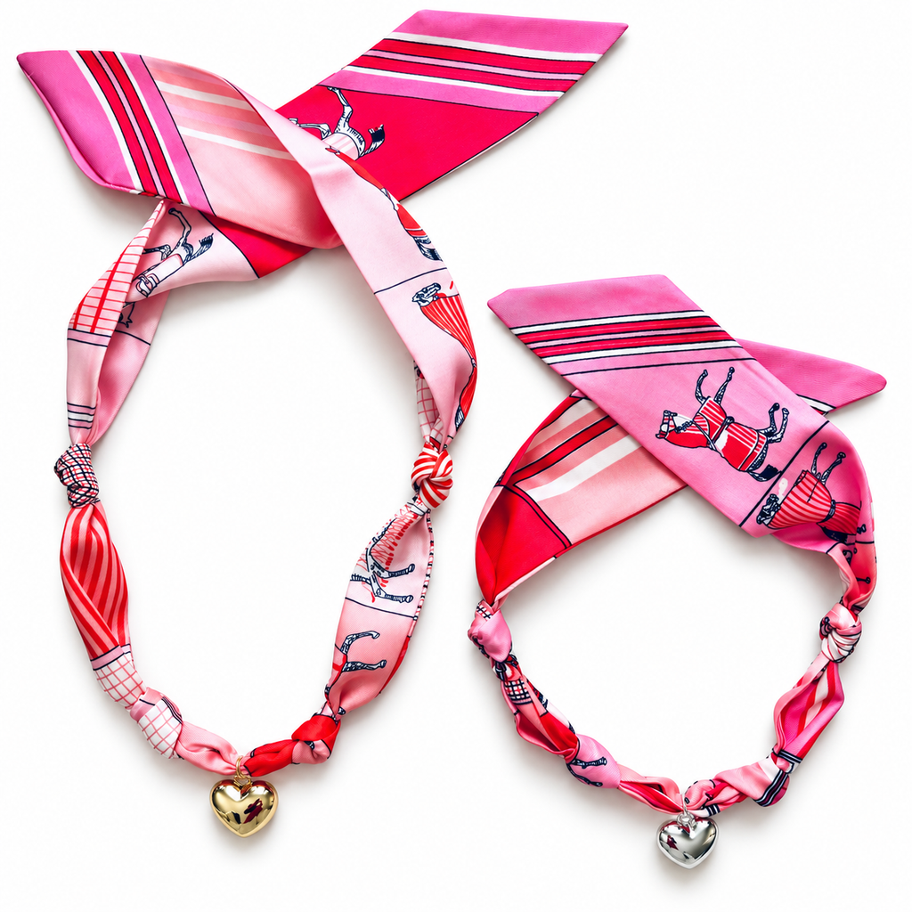 The Jones scarf necklace in original and small sizes, side by side, with heart pendants