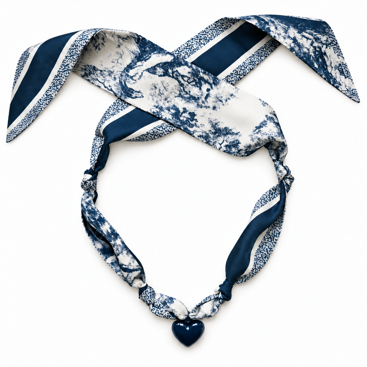 The Katie silk scarf necklace with navy blue heart pendant 