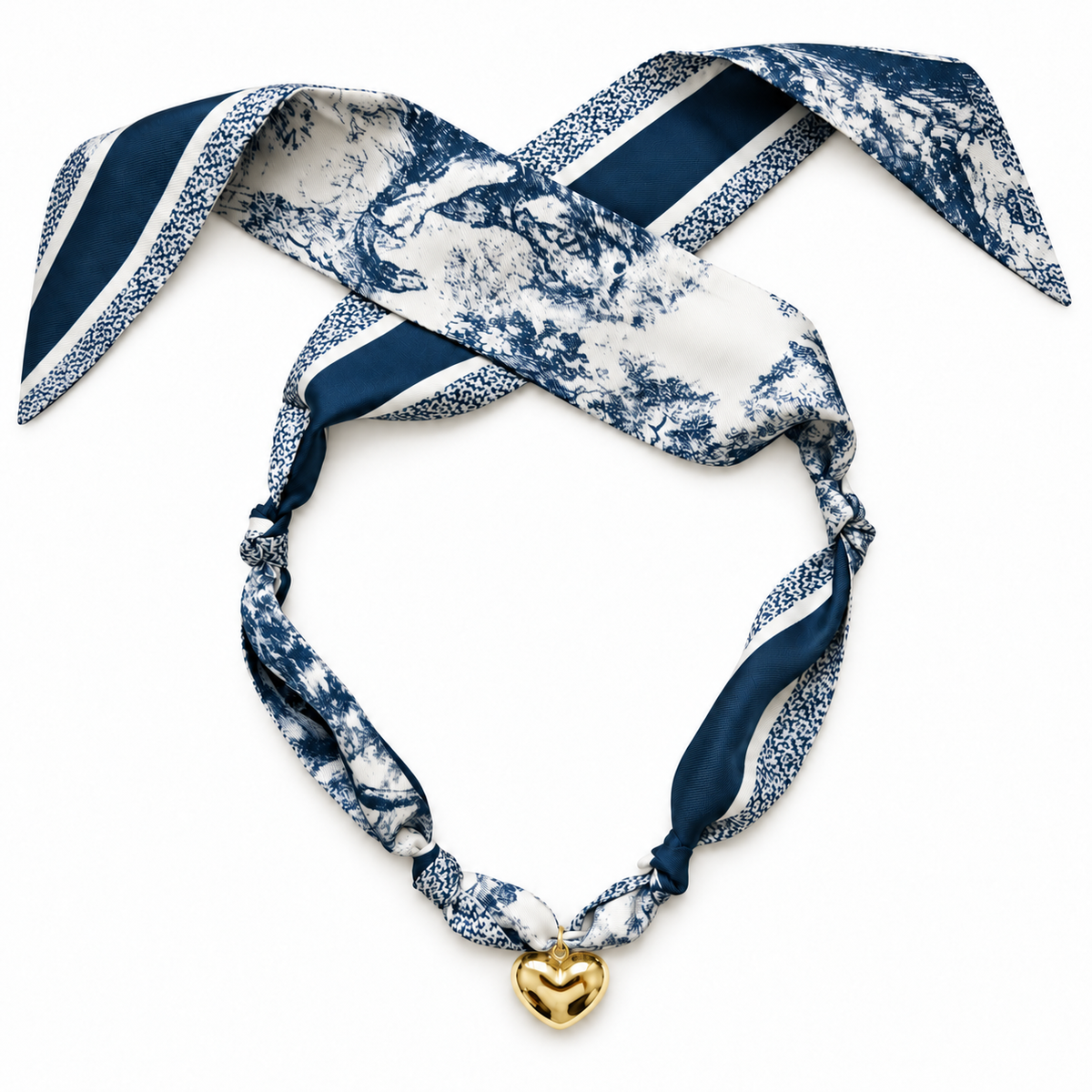 The Katie silk scarf necklace with gold heart pendant 