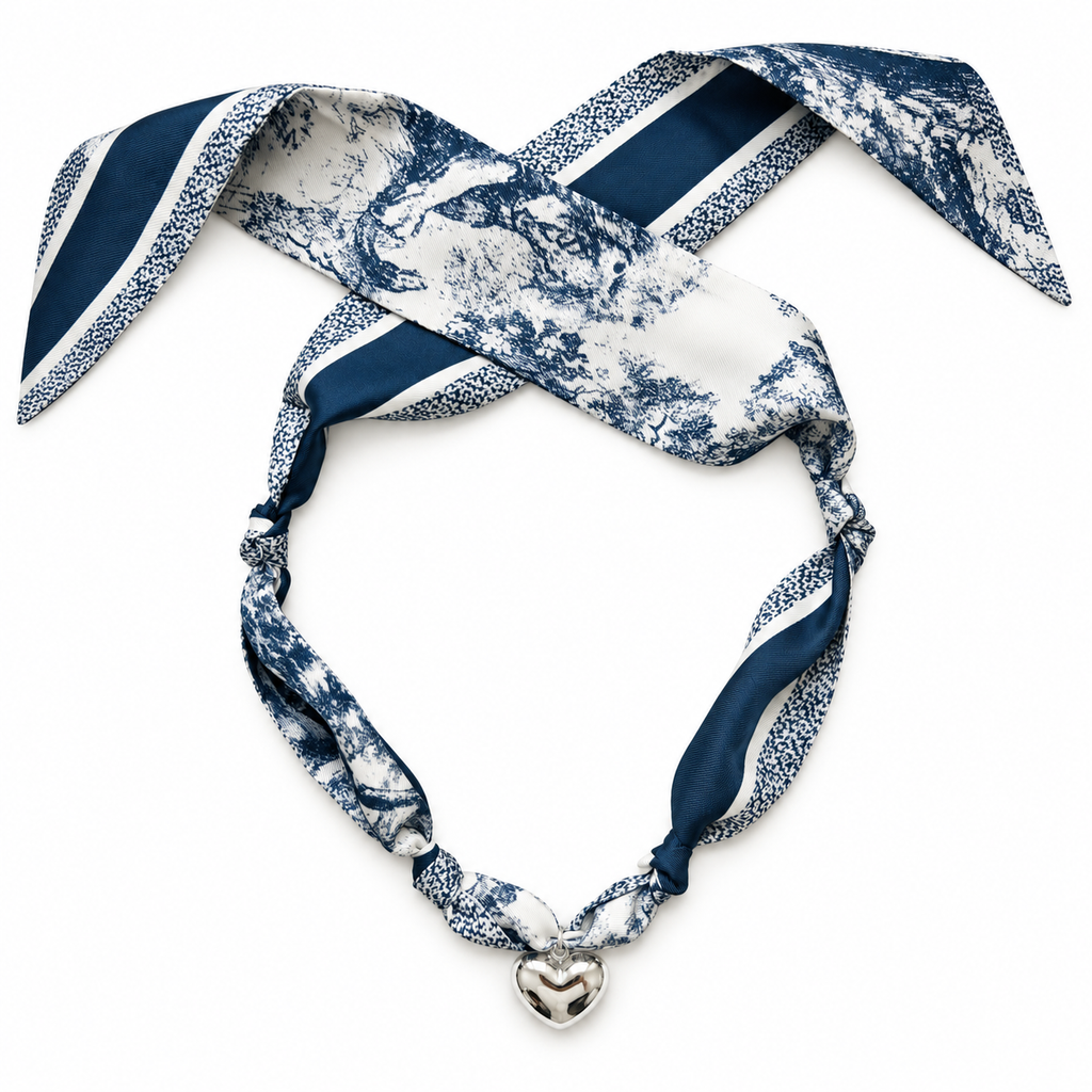 The Katie silk scarf necklace with silver heart pendant 