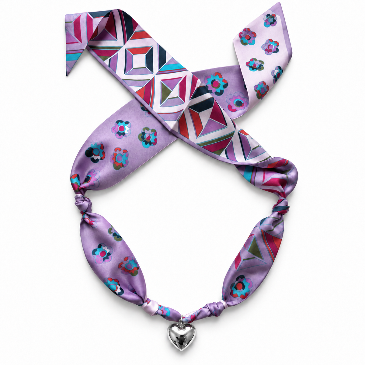 The Kim silk scarf necklace with silver heart pendant 