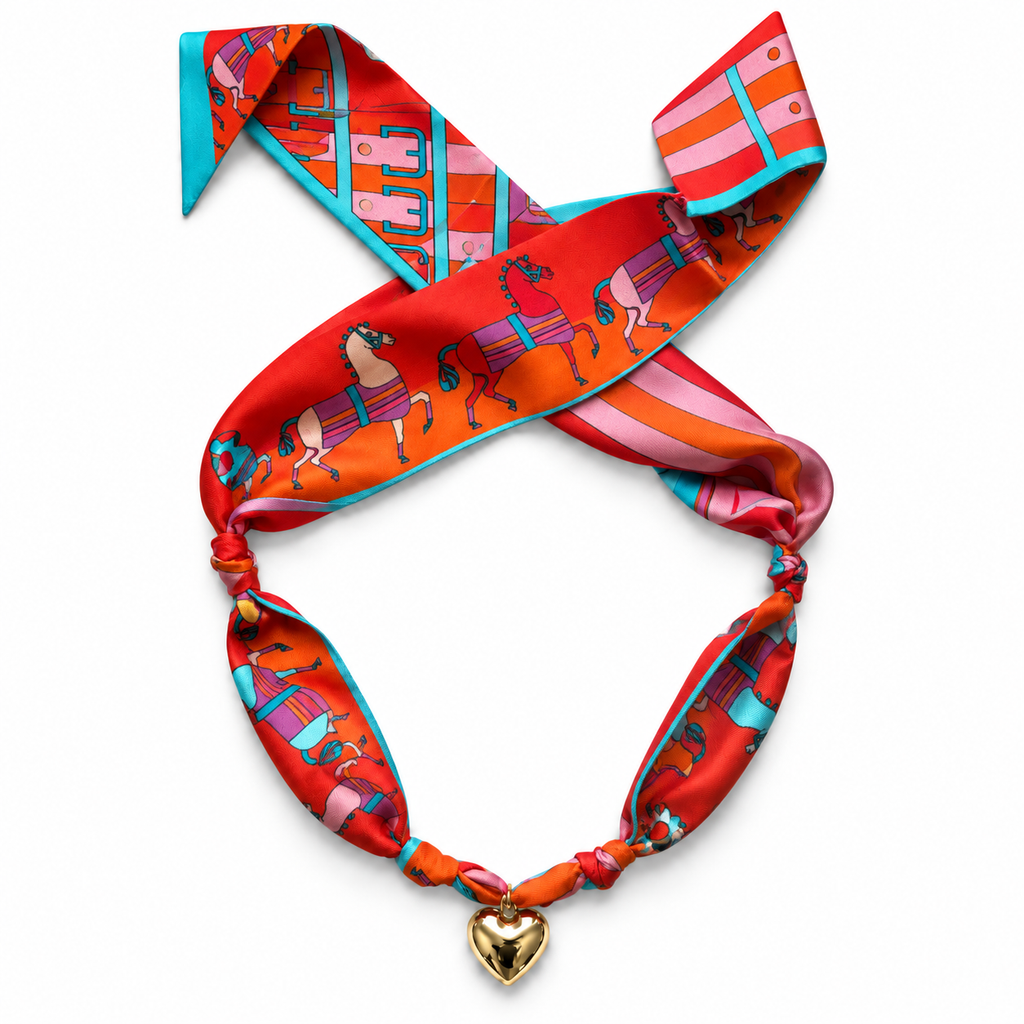 The Kristen silk scarf necklace with gold heart pendant 