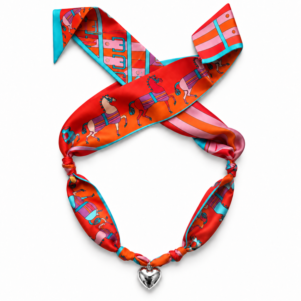 The Kristen silk scarf necklace with silver heart pendant 