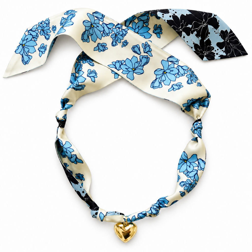 The Lauren silk scarf necklace with gold heart pendant 
