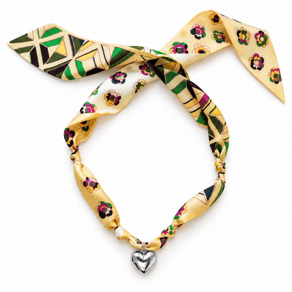 The Margaret silk scarf necklace with silver heart pendant 