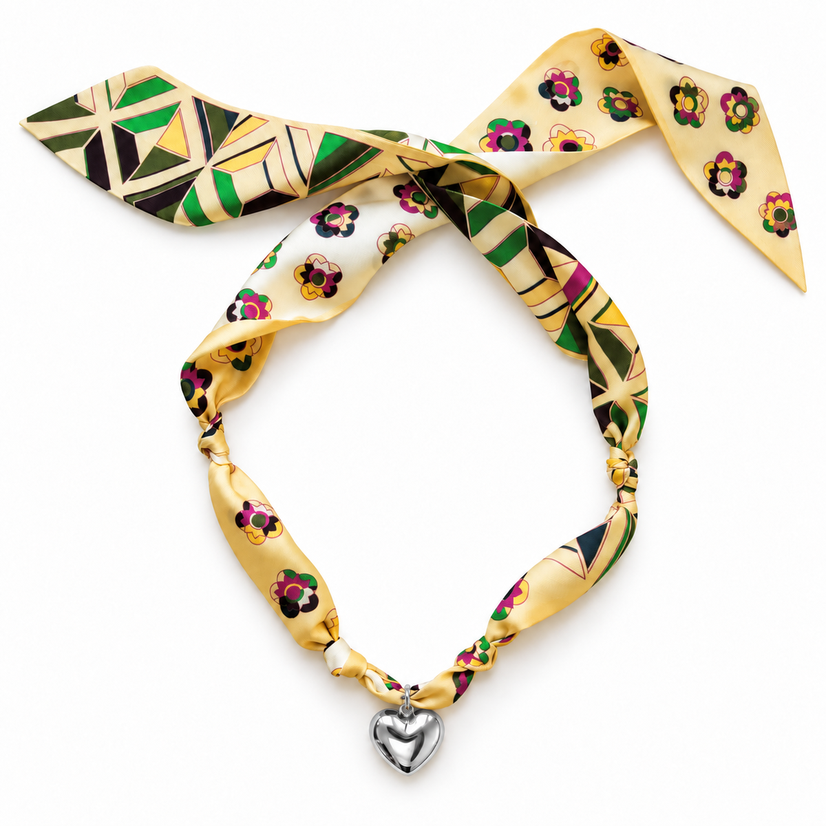 The Margaret silk scarf necklace with silver heart pendant 