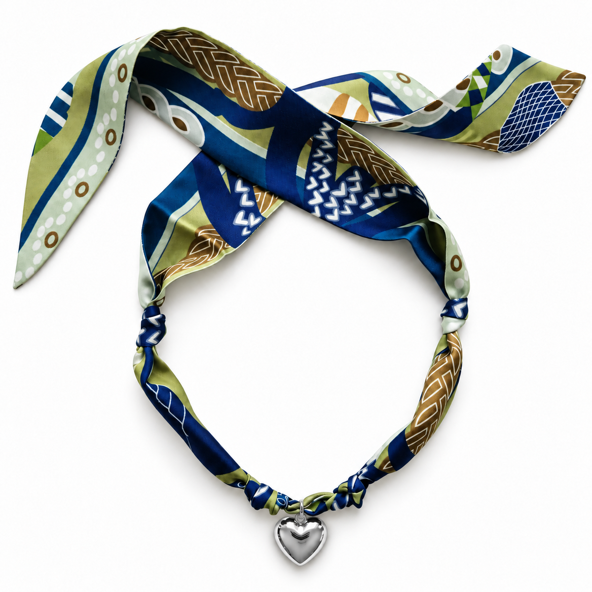The Margot silk scarf necklace in green and blue print with silver heart pendant