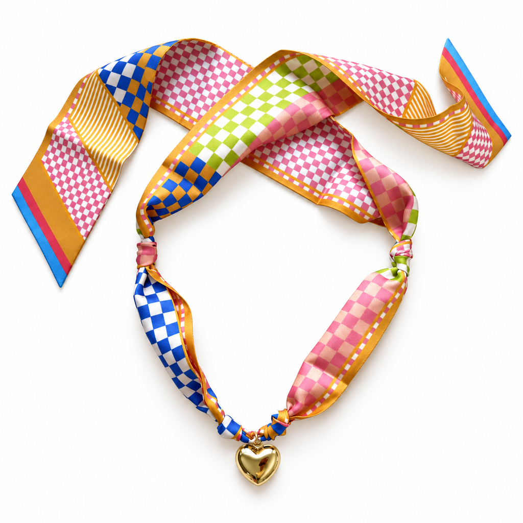 The Mary Kathryn silk scarf necklace with gold heart pendant 