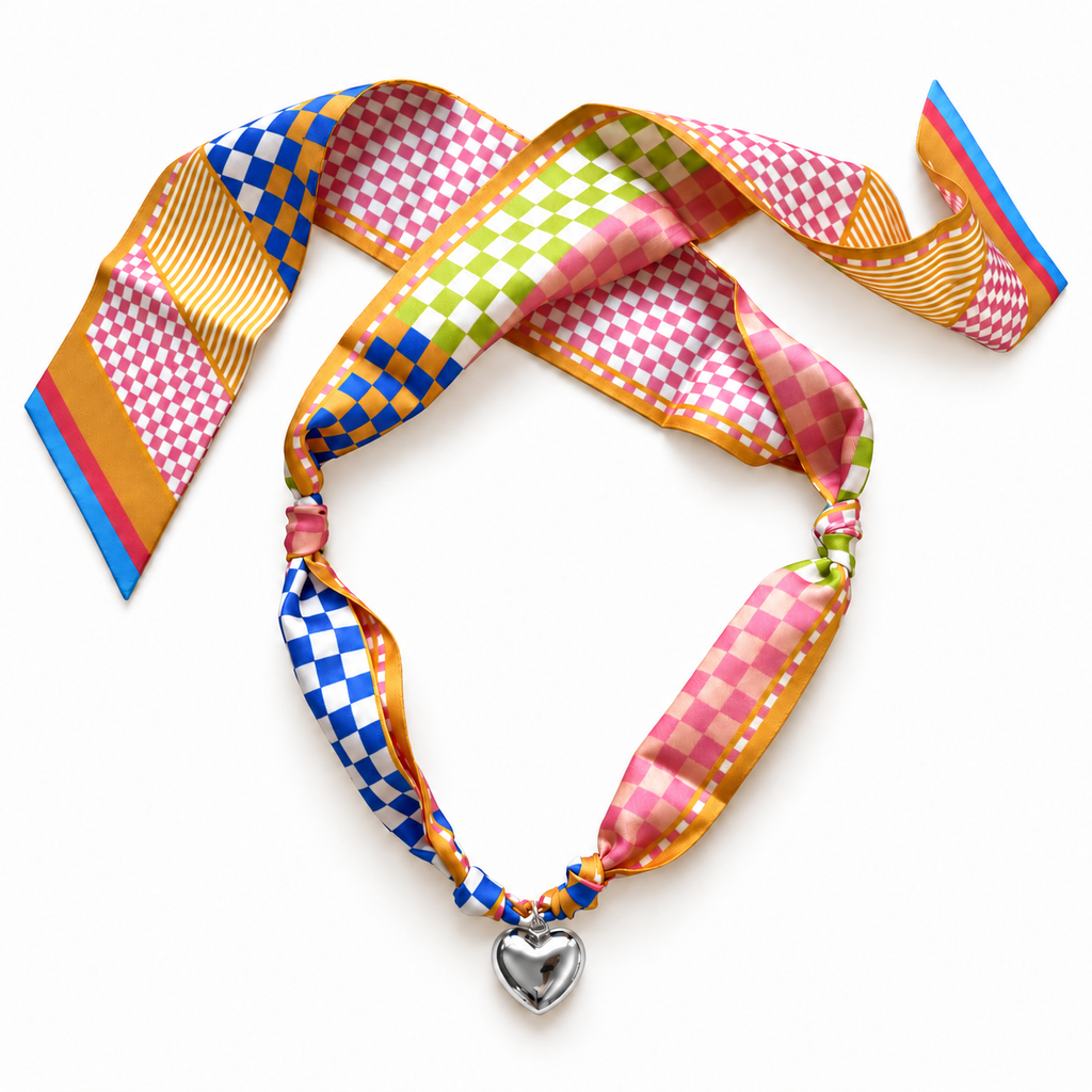 The Mary Kathryn silk scarf necklace with silver heart pendant 