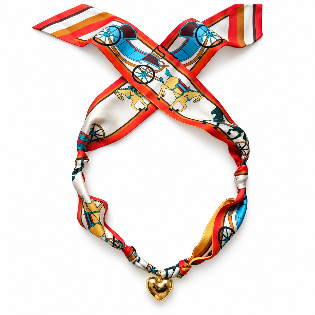 The Michelle silk scarf necklace with gold heart pendant 