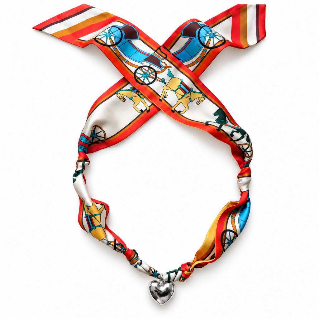 The Michelle silk scarf necklace with silver heart pendant 