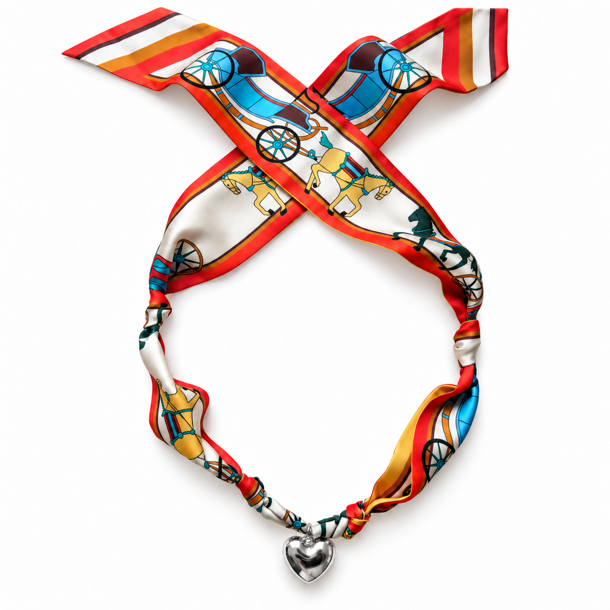 The Michelle silk scarf necklace with silver heart pendant 