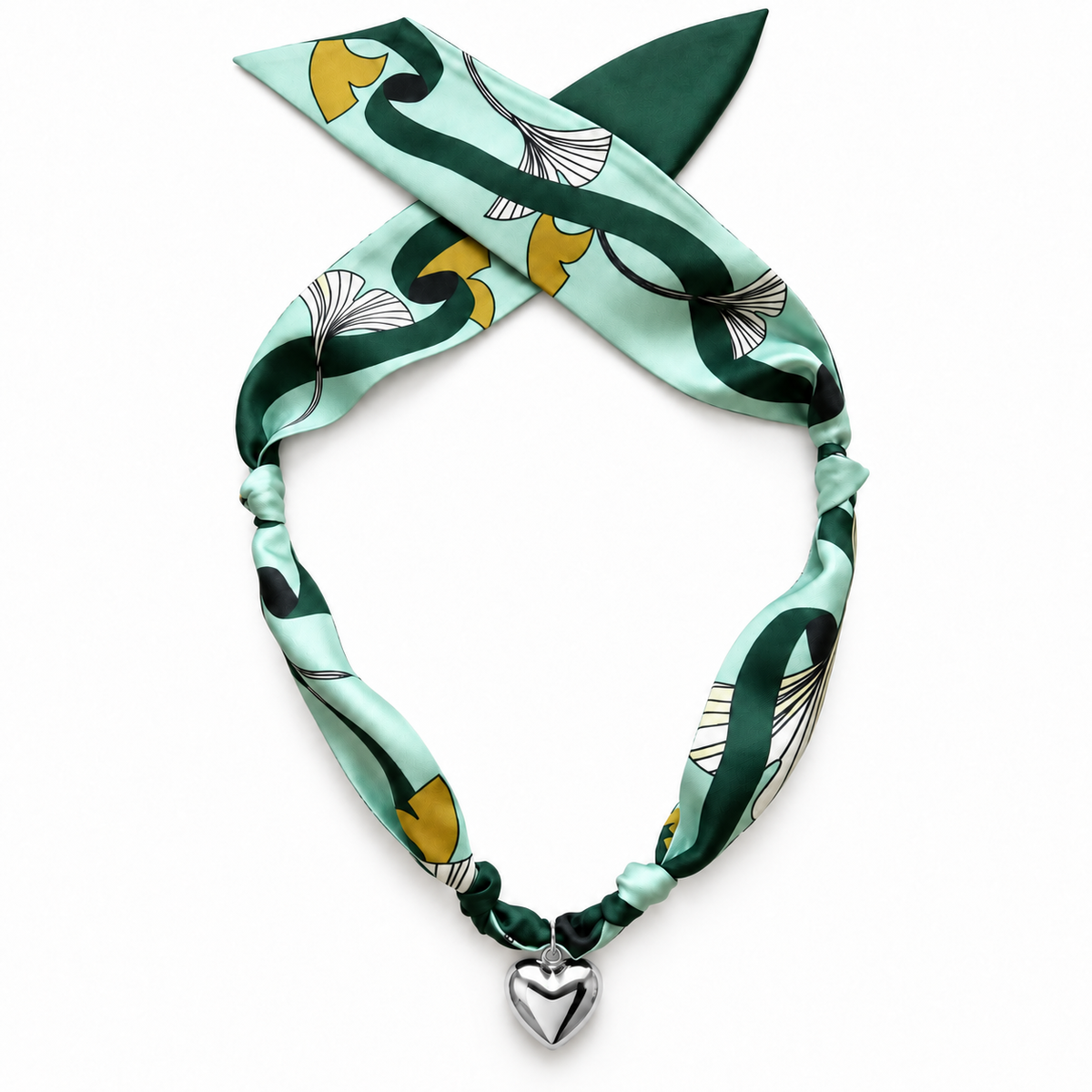 The Monica silk scarf necklace with silver heart pendant 