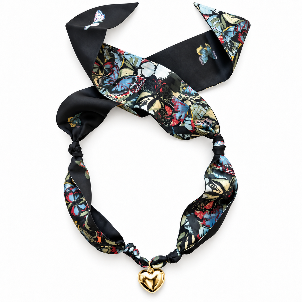 The Nicole silk scarf necklace with gold heart pendant 