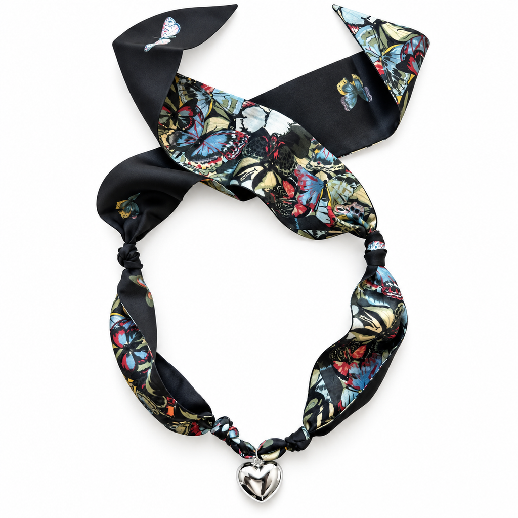 The Nicole silk scarf necklace with silver heart pendant 