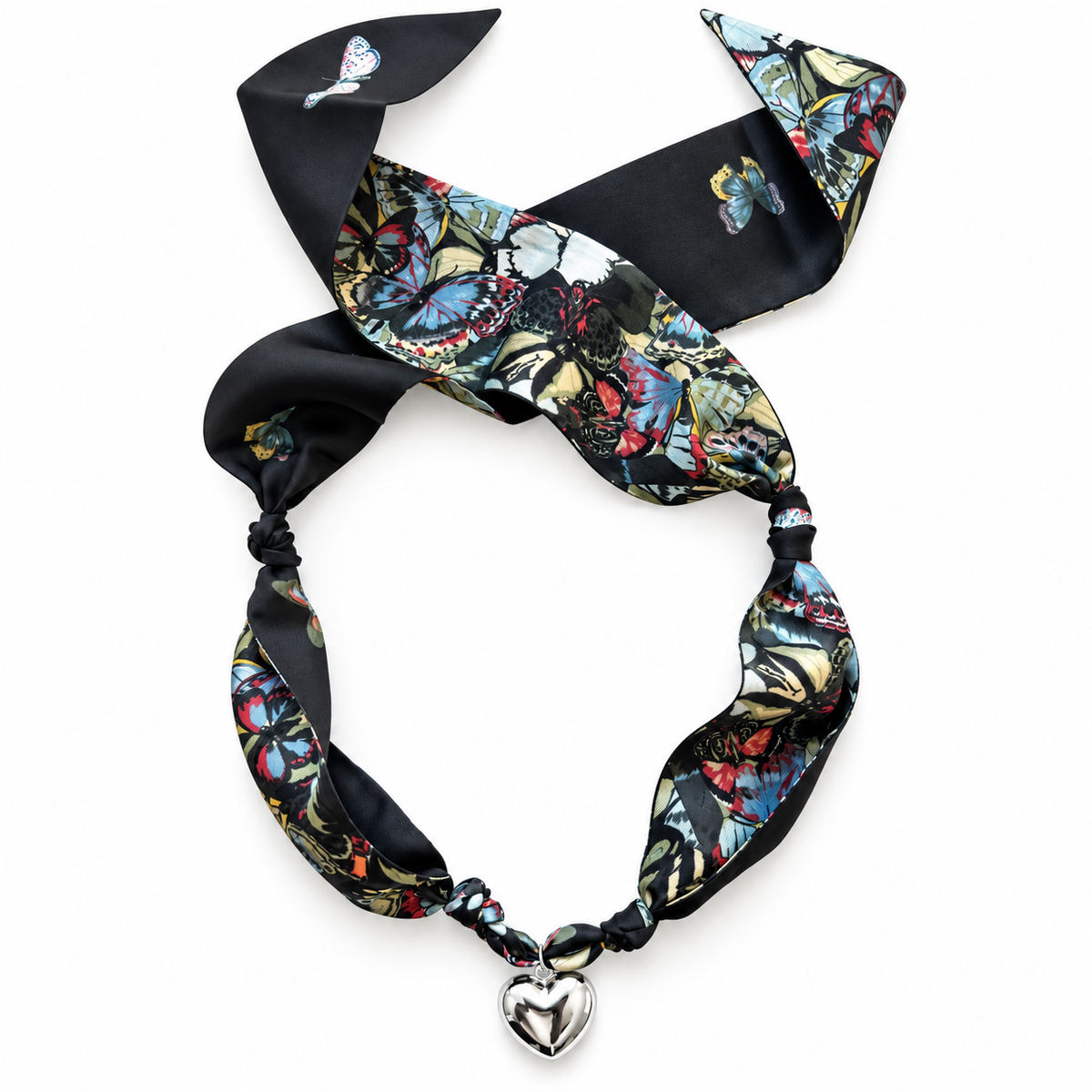 The Nicole silk scarf necklace with silver heart pendant 