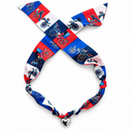 The Penny silk scarf necklace in red, blue, and white print with silver heart pendant