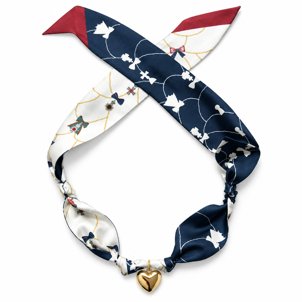 The Princess Catherine silk scarf necklace with gold heart pendant