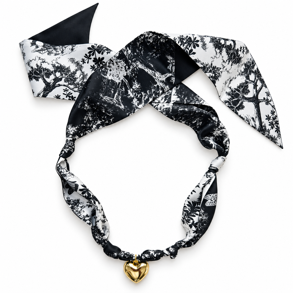 The Sheri silk scarf necklace with gold heart pendant 