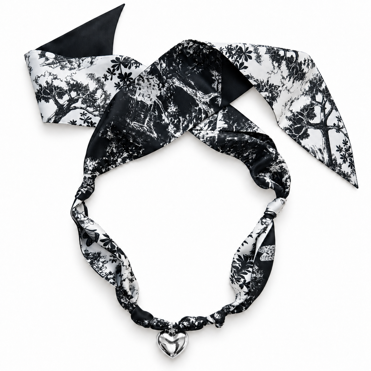 The Sheri silk scarf necklace with silver heart pendant 