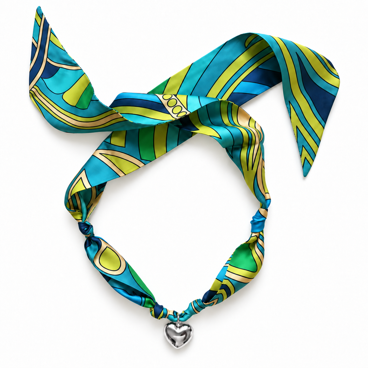 The Shirelle silk scarf necklace in with silver heart pendant