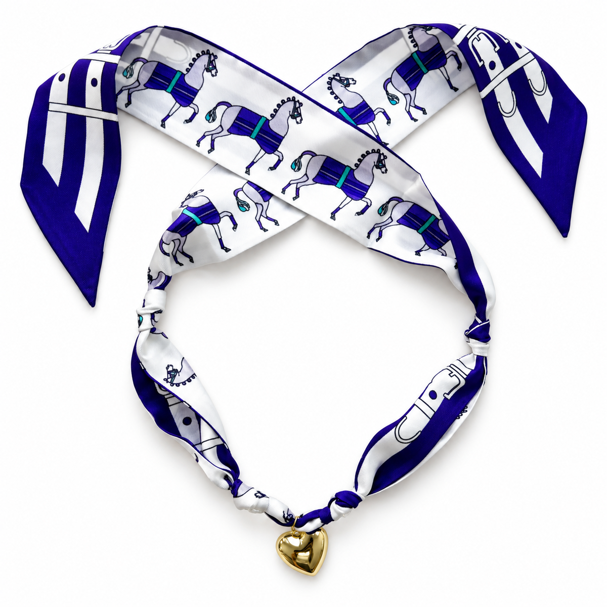 The Schaefer silk scarf necklace in purple with gold heart pendant